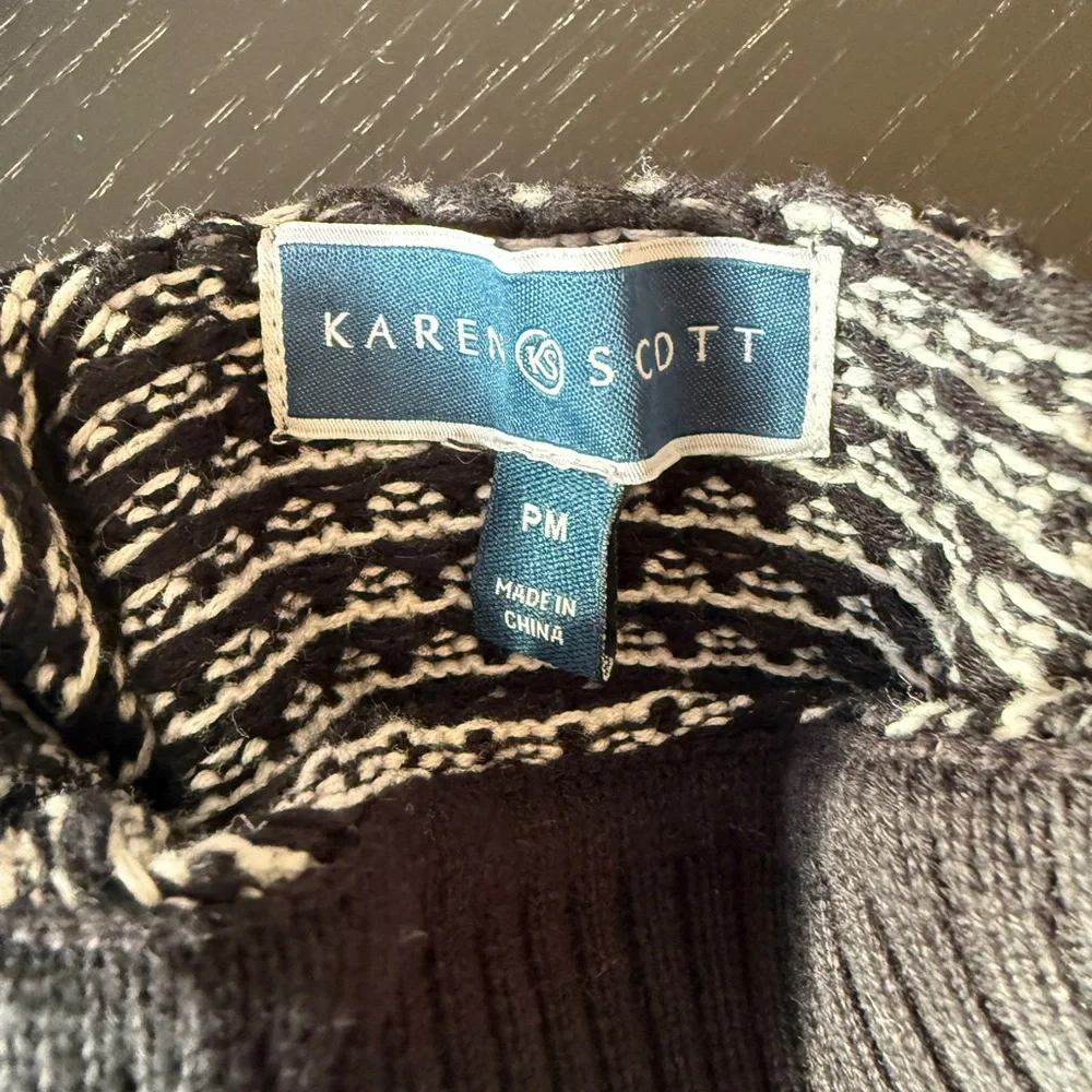 Karen Scott Black White 100% Cotton  Turtleneck Sweater Size Petite Medium